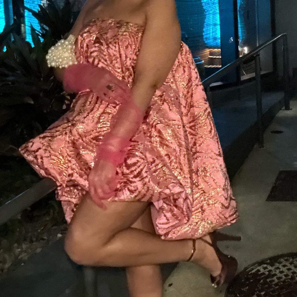 AKIRA Strapless Pink Metallic Patterned Mini Dress with Sheer Gloves